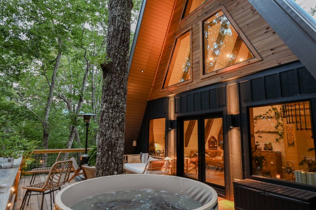 Modern A-frame Airbnb in the North Carolina mountains with a hot tub, ideal for an intimate wedding or romantic elopement