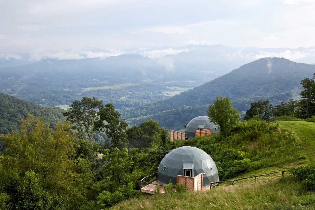 Luxury glamping domes with panoramic views of the Blue Ridge Mountains, perfect for an adventurous elopement or micro wedding stay.