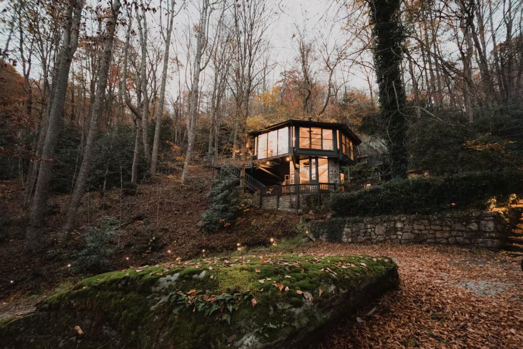 Elegant glass treehouse Airbnb in North Carolina, a magical getaway for an intimate wedding or romantic elopement."